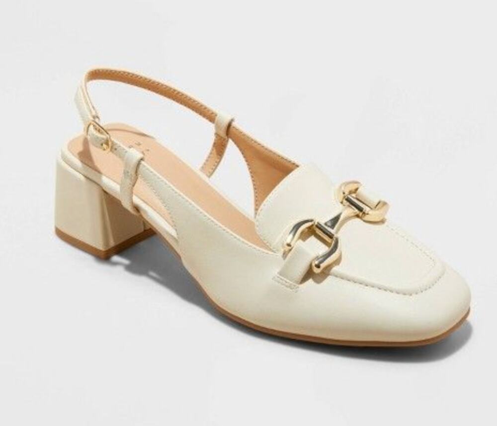 A New Day Justina Square Toe Horsebit Slingback Block Heel Loafer Shoes Cream 9